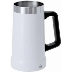 A drink bottle with a white body and a stainless steel top, featuring a black handle. It has a logo on the bottom.