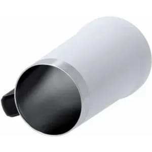 A drink bottle in white with a stainless steel rim and a black handle, featuring a logo.