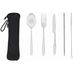 A portable cutlery set in a black case, including a spoon, fork, knife, straw, and cleaning brush.