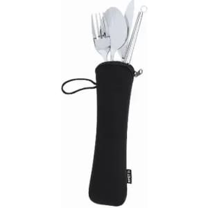A reusable cutlery set in a black storage pouch, featuring a fork, knife, spoon, and straws.