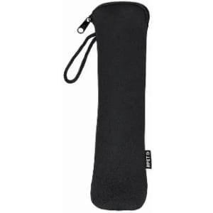 A black zippered pouch with a wrist strap and a logo on the side. Suitable for storing small items.