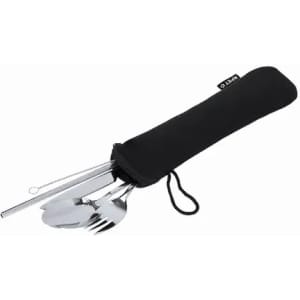 A travel utensil set including a spoon, fork, and straw, packed in a black pouch. Features a logo on the pouch.