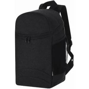A black backpack with a rounded top, featuring a zippered compartment and a mesh side pocket. It has adjustable straps.