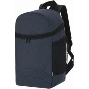 A drink bottle carrier in navy-blue fabric with black accents and a secure zip closure, featuring adjustable straps.