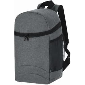 A drink bottle is nestled inside a grey backpack with a mesh side pocket and adjustable straps.