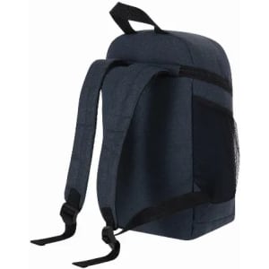 A backpack in dark blue with a structured design and adjustable black straps, featuring a mesh side pocket.