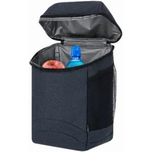 A drink bottle and an apple inside a dark blue cooler bag with a zippered opening and mesh side pocket.