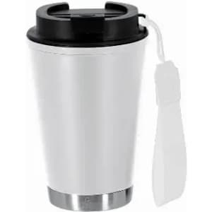 A drink bottle in white with a black lid and a white strap, featuring a stainless steel base and a logo.