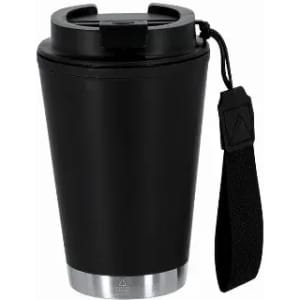 A drink bottle in matte black with a stainless steel base and a black strap for easy carrying.