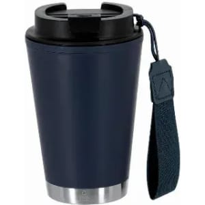 A drink bottle in navy blue with a black lid and a strap, featuring a branded logo.