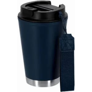 A drink bottle in navy blue with a black lid and stainless steel base, featuring a detachable strap.