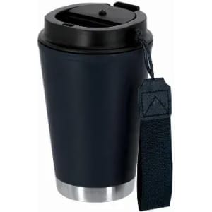 A drink bottle in navy blue with a silver base and a black lid, featuring a strap for easy carrying.