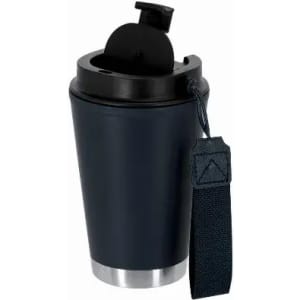 A drink bottle in navy blue with a black lid and a strap. It features a silver base and has a logo.