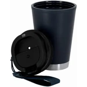 A drink bottle in navy blue with a black lid and a strap. It features a silver base and has a logo.