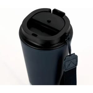 A drink bottle in matte black finish with a secure lid and handy strap for easy carrying.