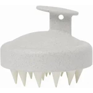A grey scalp massager with soft spikes and a handle, featuring a textured design and a compact shape.