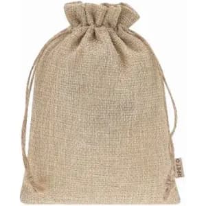A natural jute drawstring bag, featuring a simple design and a decorative tie closure.