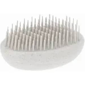 A hairbrush with a white base and multiple fine bristles, designed for detangling hair.