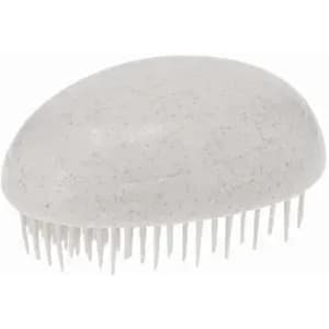 A hairbrush with a rounded, grey-white body and long, thin bristles, featuring a sleek design.