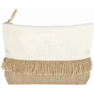 A cosmetic pouch featuring a white fabric upper and a jute lower section with fringe detailing. It has a zip closure.