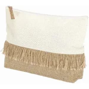 A cosmetic bag featuring a textured white top with a fringe and a natural burlap bottom.