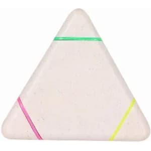 A triangular soap bar in white with neon pink, green, and yellow stripes. It has a minimalistic design.