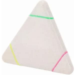 A triangular-shaped product with a white base, featuring bright pink, green, and yellow stripes. It has a logo.