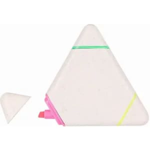 A triangular drink bottle in white with green, pink, and yellow accents, featuring a detachable cap.