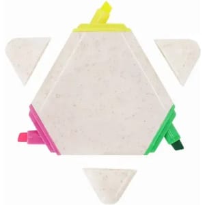 A hexagonal white product with bright pink, yellow, green, and orange accents, surrounded by four triangular pieces.