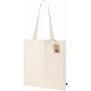 A cream-coloured tote bag with long handles and a tag. The bag features a logo.