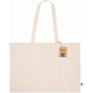 A cream tote bag with long handles and a tag, featuring a branding logo.