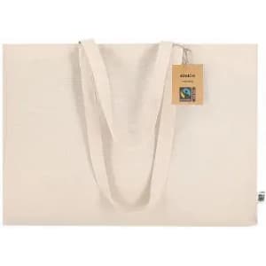 A fairtrade tote bag in a light beige colour with two handles and a tag.