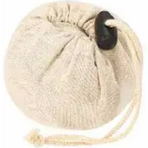 A drawstring pouch in a light beige colour, featuring a wooden toggle to secure the opening.