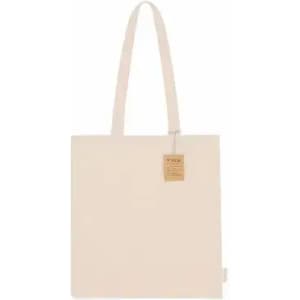 A tote bag in cream colour with long handles and a tag attached. It has a simple, minimalist design.