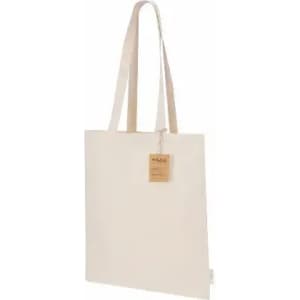 A tote bag in cream with long handles and a tag attached for branding.