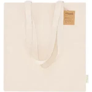 A cotton tote bag in cream colour with two shoulder straps and a small tag attached.