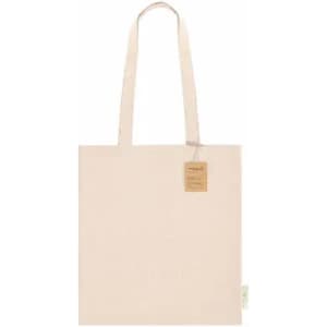 A tote bag in a light beige colour with two handles and a tag attached. The bag has a simple, unbranded design.