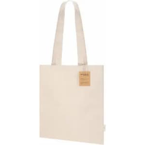A tote bag in a natural beige colour with long handles and a tag attached. The bag has a simple, plain design.