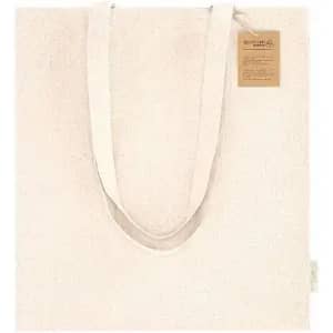 A cream tote bag with two straps and a tag, featuring a plain design and no visible patterns.