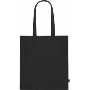 A black tote bag with two handles and a minimalist design. It features a small logo on one side.