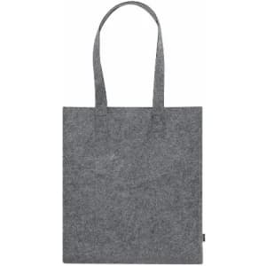 A grey felt tote bag with two long handles and a simple, minimalist design. It features a logo at the bottom.