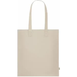 A tote bag in a light beige colour with two long handles and a simple design. It features a logo.