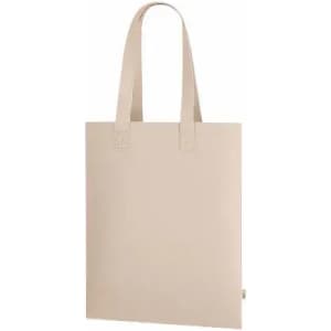 A tote bag in a light beige colour with sturdy handles and a minimalist design. It features a logo at the bottom.
