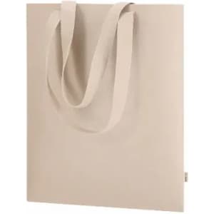 A tote bag in a neutral beige colour with two shoulder straps and a simple design.