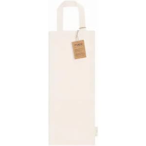 A tote bag in a neutral off-white shade with a handle and a small tag attached.