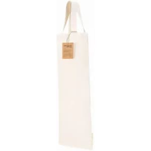 A drink bottle carrier in cream colour with a handle and a tag attached. It has a simplistic design.