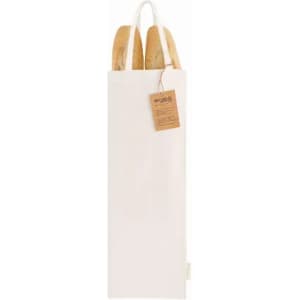 A bread bag in a light cream colour, holding two loaves of bread, with a hanging loop and a tag attached.