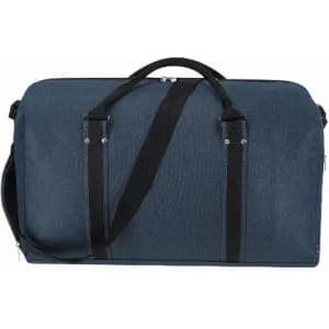 A duffle bag in blue with black straps and a top handle, featuring a logo on the front.