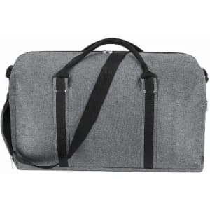 A grey promotional bag with black straps and a sleek design, featuring a handle and adjustable shoulder strap.