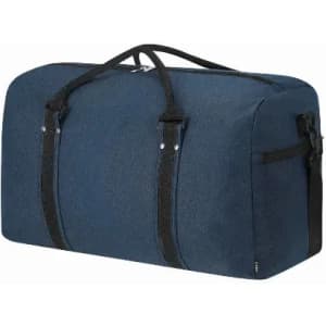 A travel bag in navy blue with black straps and zippers, featuring a spacious design. It has a logo on one side.